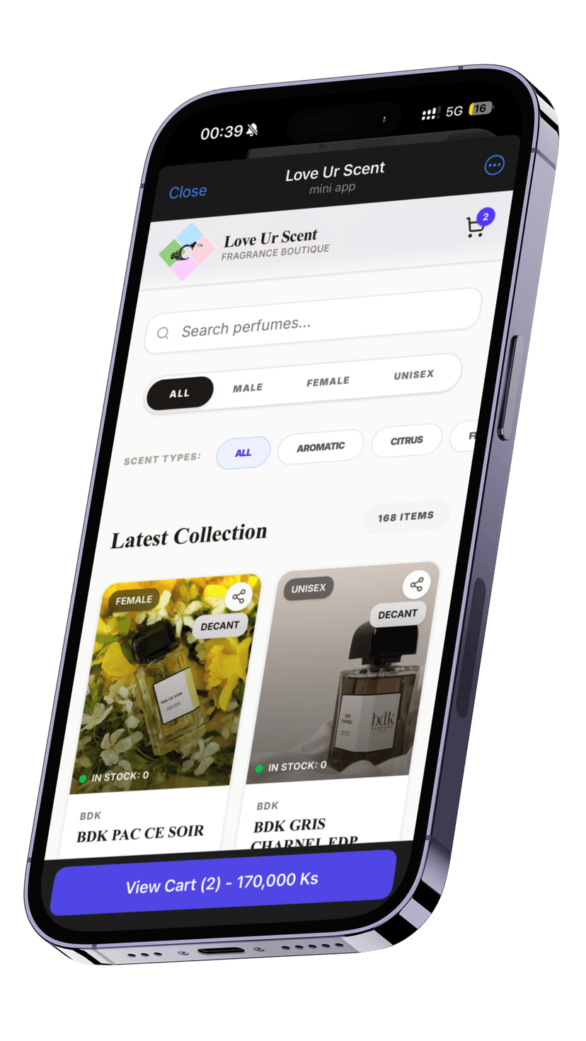 Tcommerce — Telegram Mini App preview on iPhone