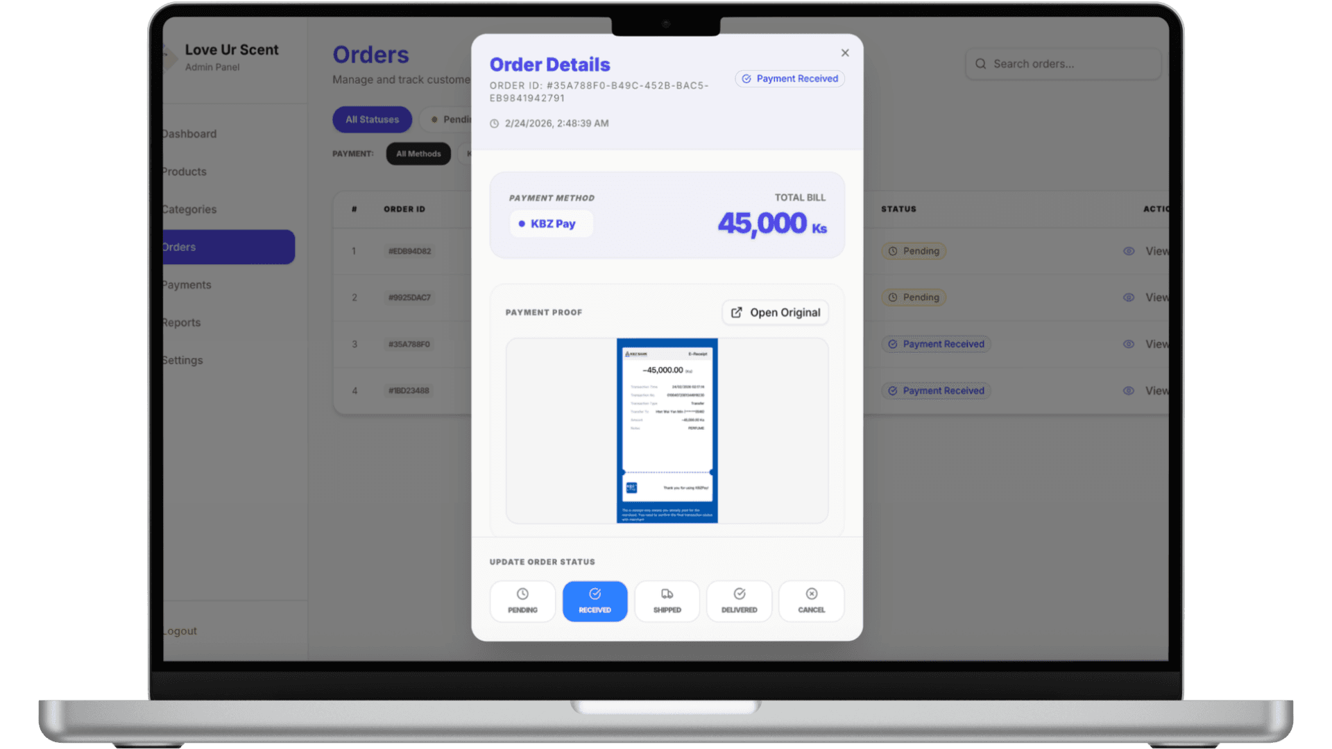 Tcommerce — Admin order management dashboard showing order details, payment proof, and status controls